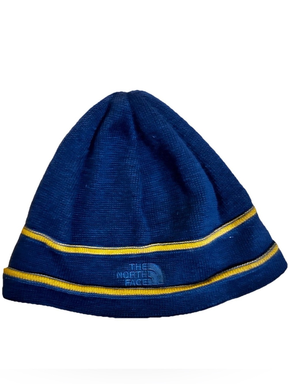 The North Face Kids' Blue and Yellow Striped Beanie hat for kids